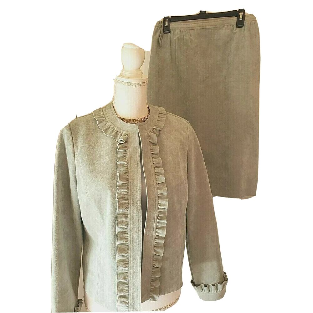 VTG Abe Schrader Green Suede Blazer & Matching Skirt Size 12 Excellent Set